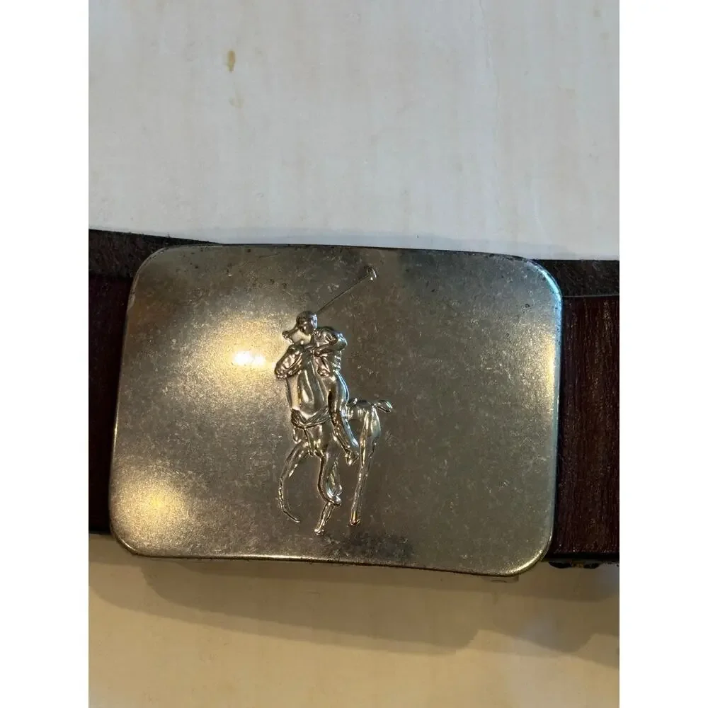 Polo Ralph Lauren Leather Belt Big Buckle Mens 36 Brown *READ*